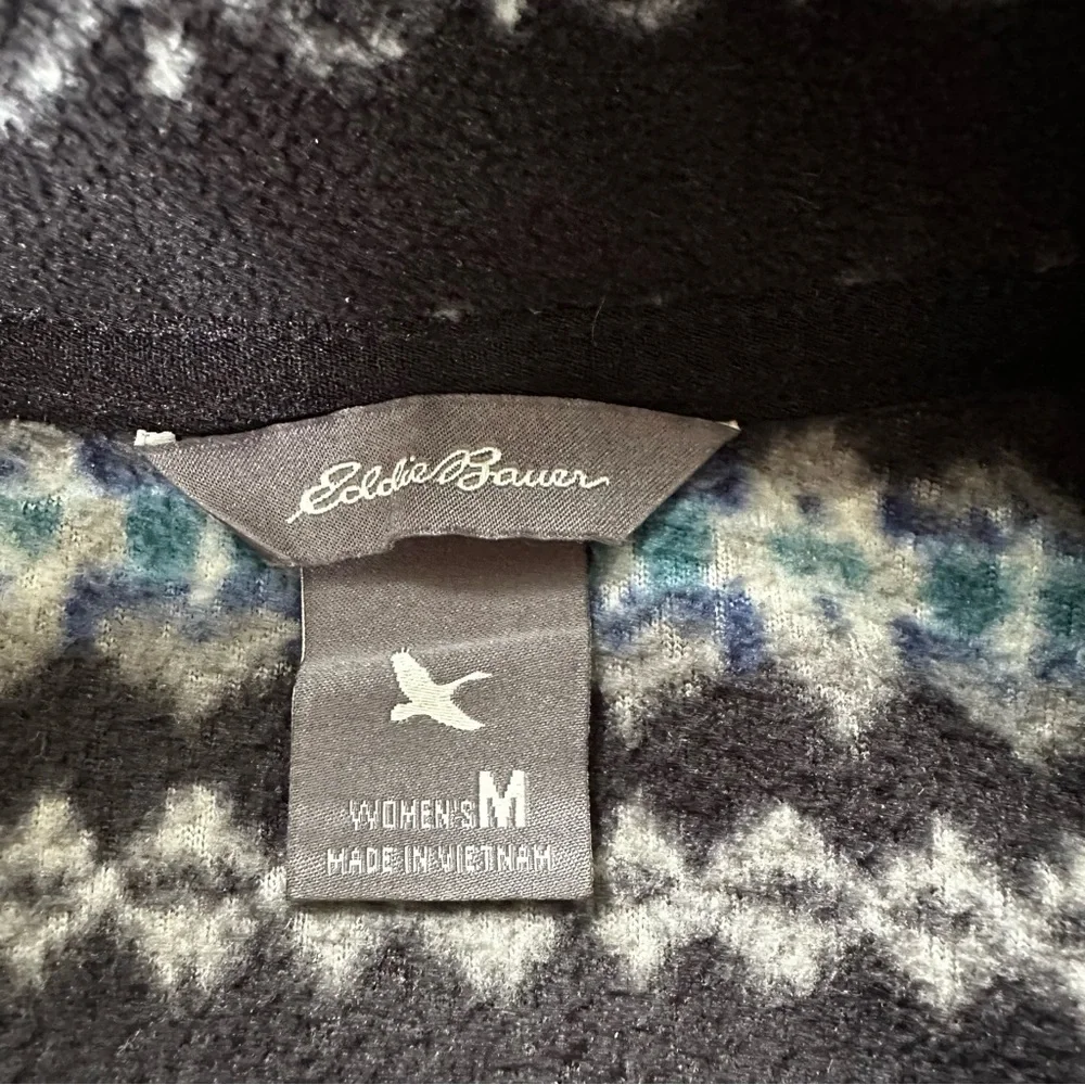 Womens Medium‎ Eddie Bauer Navy Fair Isle Fleece Pullover Snap Buttons Pockets